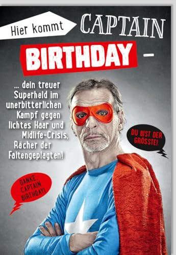 Humorvolle Geburtstagskarte "Captain Birthday" für den Rentenhelden mit Superhelden-Motiv und witzigen Sprüchen, inklusive Umschlag. von Gutsch Verlag