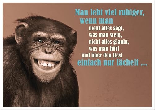 Lustige Postkarte mit Spruch und Affenmotiv - 'Man lebt viel ruhiger, wenn man nicht alles sagt, nicht alles glaubt, was man hört und über den Rest einfach nur lächelt' - Witzige Postkarte von Gutsch Verlag