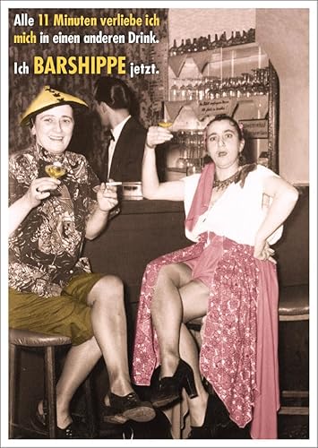 Lustige Retro Postkarte mit Spruch 'Alle 11 Minuten verliebe ich mich in einen anderen Drink. Ich BARSHIPPE jetzt.'Witzige Karte für Cocktail-Liebhaber, Party-Einladung humorvolle Botschaft an Freunde von Gutsch Verlag