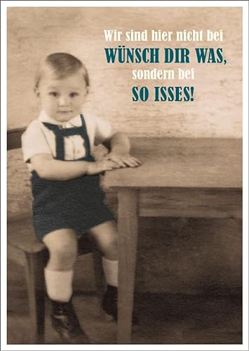 Lustige Vintage Postkarte mit Spruch 'Wir sind hier nicht bei Wünsch Dir was, sondern bei SO ISSES!' - Retro Humor, Nostalgische Ansichtskarte, Witzige Postkarte für Freunde & Familie von Gutsch Verlag