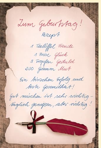 Witzige Geburtstagskarte, Rezept-Design: "Zum Ehrentag! 1 TL Freude, 1 Prise Glück". Humorvolle Glückwunschkarte für Erwachsene, unisex, mit Federzeichnung und Spruch - mit Umschlag von Gutsch Verlag