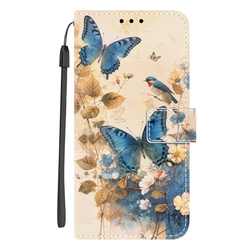 Guxira Handyhülle Leder für Samsung Galaxy A55 5G, Niedliches Muster Motiv Hülle Lederhülle Klappbar Schutzhülle 360 Grad Stoßfest Cover mit Kartenfachr Klapphülle Flip Case - Schmetterlingsvogel von Guxira