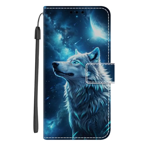 Guxira Handyhülle Leder für Samsung Galaxy A55 5G, Niedliches Muster Motiv Hülle Lederhülle Klappbar Schutzhülle 360 Grad Stoßfest Cover mit Kartenfachr Klapphülle Flip Case - Sternenwolf von Guxira