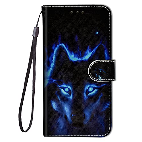 Guxira Handyhülle Leder für Samsung Galaxy S21 FE 5G, Niedliches Muster Motiv Hülle Lederhülle Klappbar Schutzhülle 360 Grad Stoßfest Cover mit Kartenfachr Klapphülle Flip Case - Blauer Schwarzer Wolf von Guxira