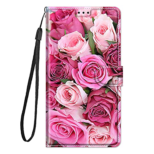 Guxira Hülle Leder für Samsung Galaxy A52 4G / 5G / A52S 5G Handyhülle, Niedliches Muster Klapphülle Lederhülle mit [360 Grad Stoßfest] [Kartenfachr] Schutzhülle Klappbar Flip Case Cover - Rose von Guxira