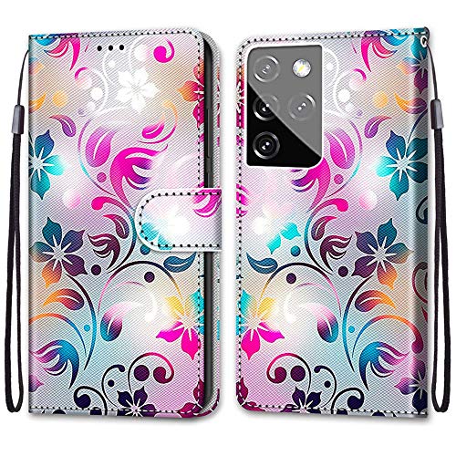 Guxira Hülle Leder für Samsung Galaxy S21 Ultra 5G Handyhülle, Schön Bunt Muster Klapphülle Lederhülle mit [360 Grad Stoßfestes] [Kartenfachr] Schutzhülle Klappbar Flip Case Cover - Farbverlaufsblume von Guxira