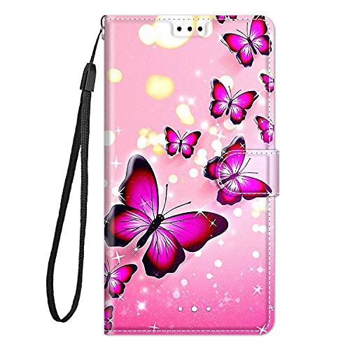 Guxira Hülle Leder für iPhone XR Handyhülle, Niedliches Muster Klapphülle Lederhülle mit [360 Grad Stoßfest] [Kartenfachr] Schutzhülle Klappbar Flip Case Cover - Rosa Schmetterling von Guxira