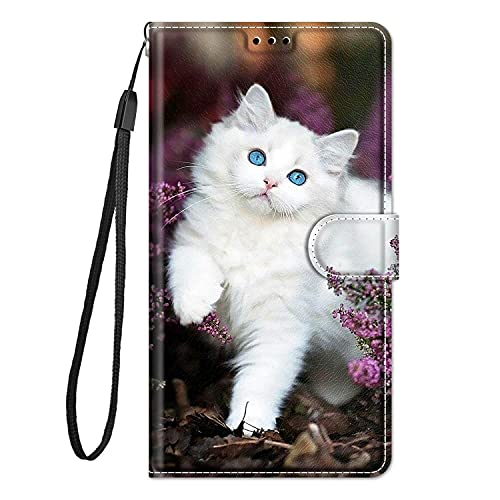 Hülle Leder für Samsung Galaxy A51 4G Handyhülle, Niedliches Muster Klapphülle Lederhülle mit [360 Grad Stoßfest] [Kartenfachr] Schutzhülle Klappbar Flip Case Cover - Weiße Katze von Guxira