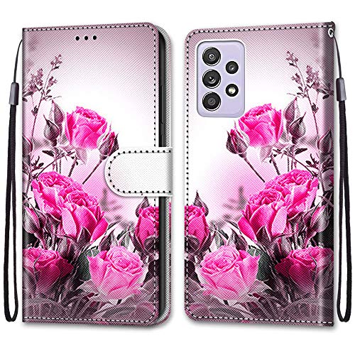 Hülle Leder für Samsung Galaxy A52 4G / 5G / A52S 5G Handyhülle, Schön Bunt Muster Klapphülle Lederhülle mit [Stoßfestes Silikon] [Kartenfachr], Schutzhülle Klappbar Flip Case Cover - Pinke Blume von Guxira