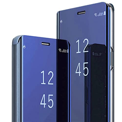 Gxmeuie 15 Pro Hülle kompatibel mit iPhone 15 Pro 5G Handyhülle mit Ständer, PU-Leder, Clear View Make-up-Spiegel Flip Cover, stoßfeste Schutzhülle für iPhone 15 Pro 5G (blau) von Gxmeuie