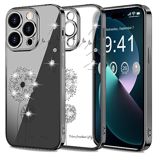 Gxmeuie Crystal Clear Hülle für iPhone 15 Pro, Glitzer Sparkly Diamond Pusteblume Handyhülle für Frauen Mädchen, Weiche TPU Silikon Bling Hüllen Transparent Schutzhülle für iPhone 15 Pro 5G (Schwarz) von Gxmeuie
