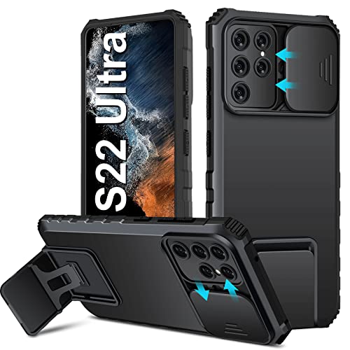 S22 Ultra Hülle Kompatibel mit Samsung Galaxy S22 Ultra 5G [2022-Version], Slide Kamera Cover, Militärqualität Stoßfeste Handyhülle mit Ständer Schutzhülle für Samsung S22 Ultra 5G (Schwarz) von Gxmeuie