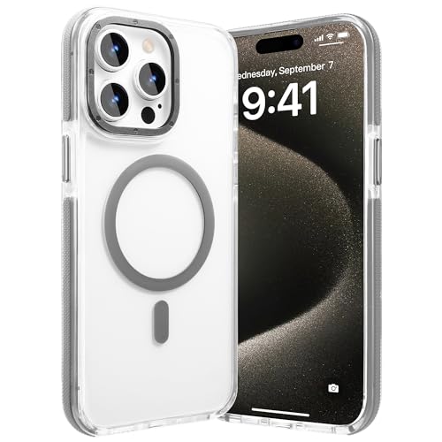 Gyizho Magnetische Hülle für iPhone 15 Pro Max, [Falltest] [Militärqualität, kompatibel mit MagSafe] Schlanke Schutzhülle, durchscheinende 15 Pro Max Handyhülle 6,7 Zoll, transparent, Rand grau von Gyizho