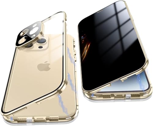 Anti Peeping Hülle für iPhone 15 Pro,Magnetic Schutzhülle Handyhülle,9H Gehärtetes Glas,Privacy Display Protector Metallrahmen Anti Spy Case 360 Grad Schutz Anti-Spion Cover,Gold von Gypsophilaa