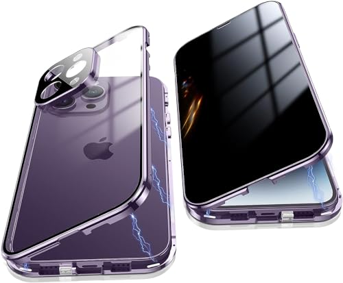 Anti Peeping Hülle für iPhone 15 Pro,Magnetic Schutzhülle Handyhülle,9H Gehärtetes Glas,Privacy Display Protector Metallrahmen Anti Spy Case 360 Grad Schutz Anti-Spion Cover,Lila von Gypsophilaa