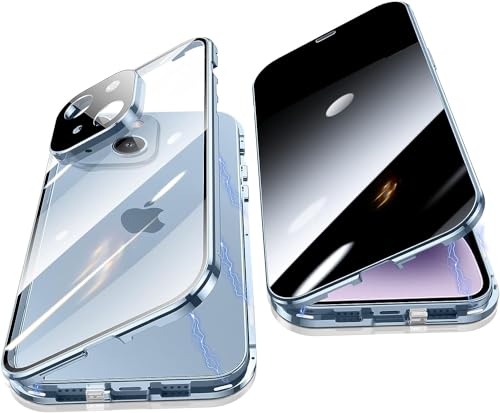 Anti Peeping Hülle für iPhone 15 Pro Max,Magnetic Schutzhülle Handyhülle,9H Gehärtetes Glas,Privacy Display Protector Metallrahmen Anti Spy Case 360 Grad Schutz Anti-Spion Cover,Blau von Gypsophilaa