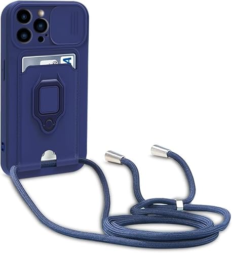 Gypsophilaa Handyhülle mit Kette kompatibel für iPhone 15 Pro Hülle,kameraschutz Hülle mit Camera Slider Handyhülle & Handy-Schnur zum Umhängen, Metall Ring Halter Handy Cover für iPhone 15 Pro,blau von Gypsophilaa
