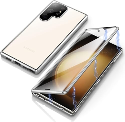 Hülle für Samsung Galaxy S24 Ultra 5G, Magnetische Metallrahmen Handyhülle 360 Grad Full Body Vorne hinten Gehärtetes Glas Schutzhülle Einteiliges Ultra Dünn Flip Transparente Cover von Gypsophilaa