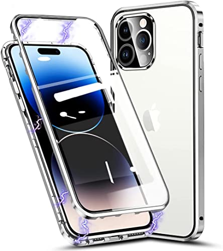 Hülle für iPhone 14 Pro, Magnetische Metallrahmen Handyhülle 360 Grad Full Body Vorne hinten Gehärtetes Glas Schutzhülle Einteiliges Ultra Dünn Flip Transparente Cover von Gypsophilaa