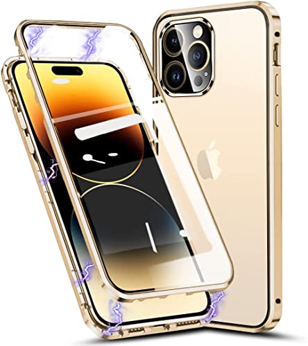 Hülle für iPhone 14 Pro, Magnetische Metallrahmen Handyhülle 360 Grad Full Body Vorne hinten Gehärtetes Glas Schutzhülle Einteiliges Ultra Dünn Flip Transparente Cover von Gypsophilaa