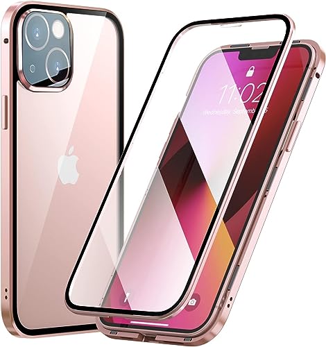 Hülle für iPhone 15 Pro Max, Magnetische Metallrahmen Handyhülle 360 Grad Full Body Vorne hinten Gehärtetes Glas Schutzhülle Einteiliges Ultra Dünn Flip Transparente Cover von Gypsophilaa