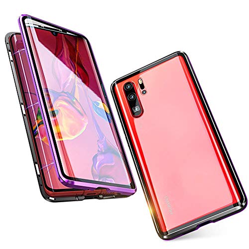 Rundum Hülle für Huawei P30 Lite Schutzhülle Magnetische Adsorption Tech Stark Magneten Eingebaut Rahmen Dual Hohe Empfindlichkeit Gehärtetes Glas Unibody Design Stoßfest Metall Flip Cover von Gypsophilaa