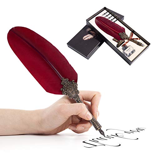 H HOMEWINS Schreibfeder Kalligraphie Stift Set Handgemachter Federkiel Retro-Federstift mit Edelstahl Stiftspitzen von 6 Größen, Stifthalter und Schwarzer Tinte in Geschenkbox (Tiefrot) von H HOMEWINS