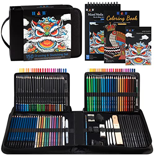 H & B 150 Buntstifte-Set mit tragbarer Reißverschlusstasche, Skizzenblock, Zeichnung und Kunstbedarf, professionelle Buntstifte, für Künstler, Kinder, Erwachsene von H & B