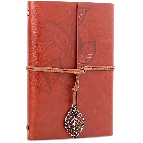 H&S Braunes PU Leder Notizbuch - Vintage Reisetagebuch für Männer & Frauen - Das Tagebuch ist Nachfüllbar & mit Verschlussband mit Blatt-Anhänger - Nachfüllbares Notizbuch - Tagebuch Vintage Leder von H&S