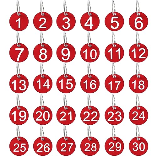 H&W Zahlenanhänger 1-30,30 Stück 35mm Runde Schlüsselanhänger mit Zahlen,Plastikzahlenanhänger mit Schlüsselringen,Zahlenschlüsselanhänger für Wohnheimschlüssel Hausschließfächer(Rot) von H&W