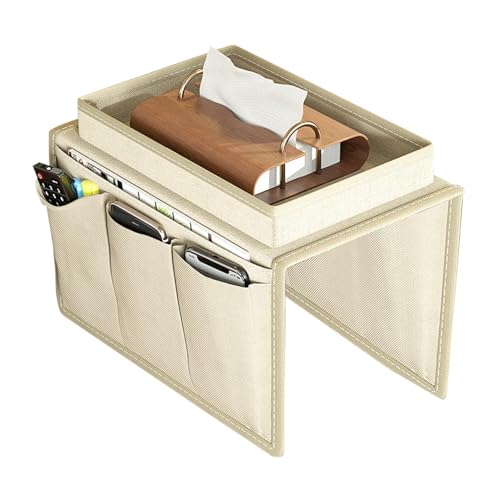 Couch-Armlehnentablett, Sofa-Tabletttisch, seitlicher Aufbewahrungs-Caddy mit 5 Fächern, rutschfeste Armlehnenablage for Telefon, Tablet, Kopfhörer und Fernbedienung – vielseitige Aufbewahrungstasche von HAEUYA