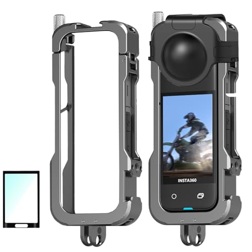 HAFOKO Aluminium Rahmen Käfig für Insta 360 X4 Metall Schutzhülle Käfig Gehäuse Erweiterung Gehäuse mit Kälteschuh kompatibel für Insta 360 X4 Zubehör mit Objektiv Deckel + Schirm Schutzfolie von HAFOKO