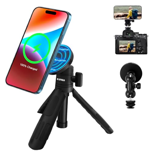 HAFOKO HA-W08 Vlog Kit Magnetisch Selfie Stick Stativ mit Drahtloses Aufladen Einhängen Smartphone Erweiterung Stativ Griff Magnetisch Kamera Telefon Halter w Magic Arm kompatibel für iPhone Android von HAFOKO