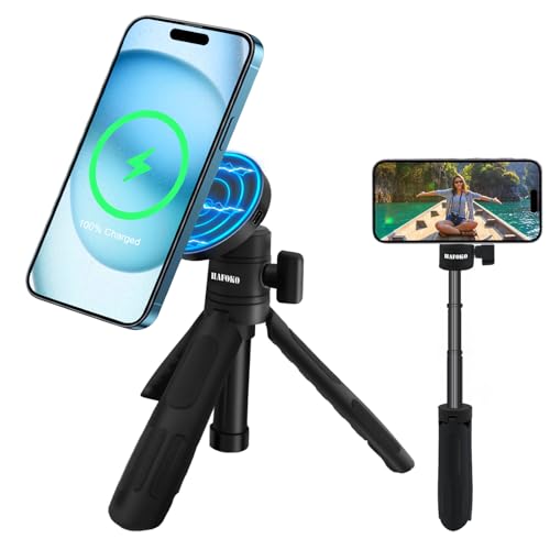 HAFOKO Magnetisch Selfie-Stick Stativ Mit 1/4" Magnetisch Kabelloses Laden Halterung Erweiterbar Mini Desktop Smartphone Kompatibel Für iPhone 16/1514/13/12 Pro Max Alle Telefone von HAFOKO