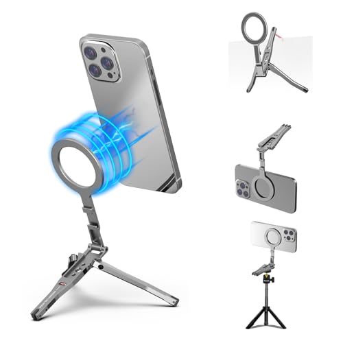 HAFOKO Magnetisch Tasche Telefon Stativ Aluminium Mini Schreibtisch Zusammenklappbar Magnetisch Handgerät Stativ Kompatibel für iPhone 16/15/14/13/12 Plus Pro Max Leichtgewicht Telefon Stativ Reisen von HAFOKO