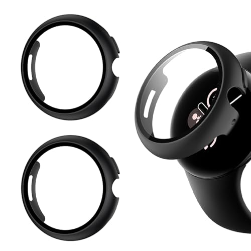 HAFRILY 2 Stück Hülle mit Schutzfolie für Google Pixel Watch 3 2 1 Displayschutz 45mm HD Tempered Glass Protector, Ultra Thin PC Shell Film Full Coverage Case (Schwarz) von HAFRILY