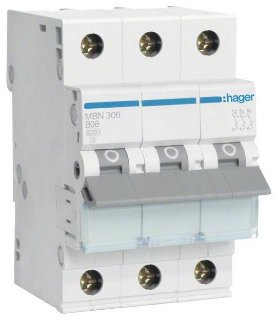 Hager Leitungsschutzschalter MBN306 3polig 6kA B-6A 3M Hager Leitungsschutzschalter MBN306 3polig 6kA B-6A 3M von HAGER ELEKTRO