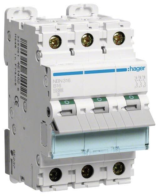 Hager Leitungsschutzschalter NBN316 3polig 10kA/15kA B-16A 3M Hager Leitungsschutzschalter NBN316 3polig 10kA/15kA B-16A 3M von HAGER ELEKTRO