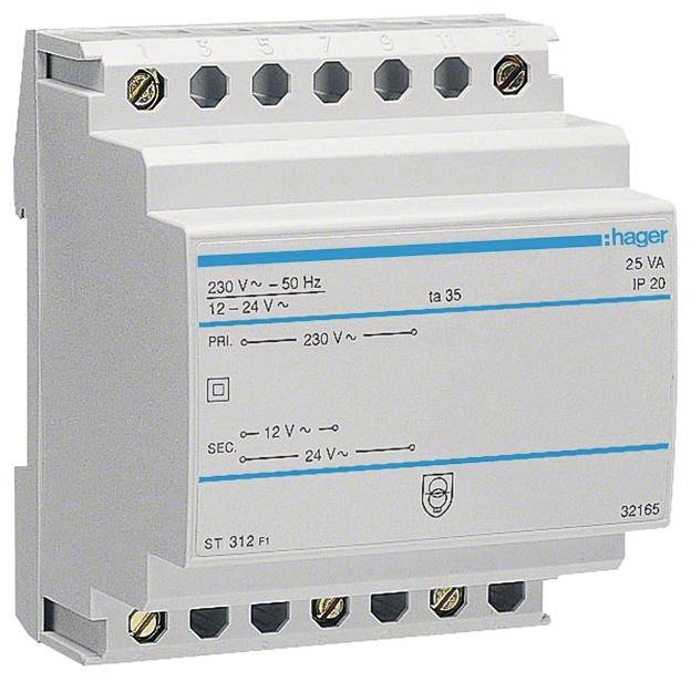 Hager Sicherheitstrafo 230V/12V ST312 u.24V 25VA 4PLE Hager Sicherheitstrafo 230V/12V ST312 u.24V 25VA 4PLE von HAGER ELEKTRO