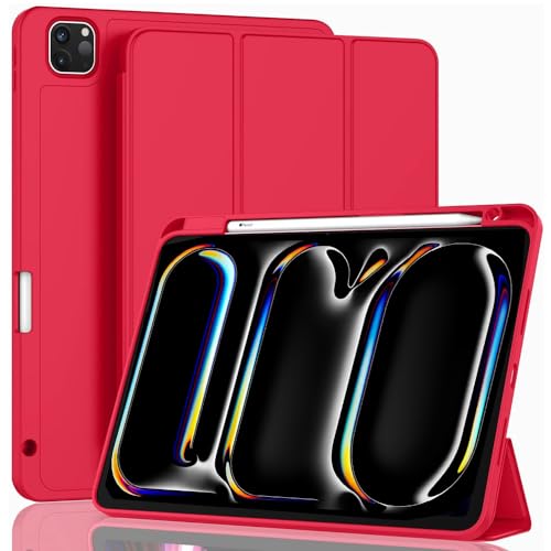 Schutzhülle für iPad Pro 13 Zoll (M4) 2024 Hülle + Stifthalter, schmal, dreifach faltbar, TPU-Lederhülle, für iPad Pro 13 Zoll 2024 Tablet Cover mit automatischer Wake/Sleep-Funktion (rot) von HAIEHAEYXZ