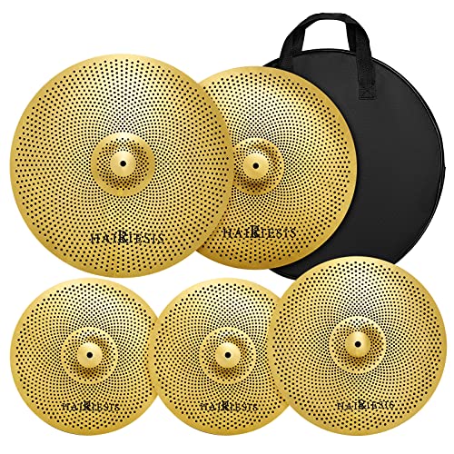 Leises Becken-Set mit niedrigem Volumen, 70 % – 80 % Becken-Set, 35,6 cm Hi-Hat, 40,6 cm Crash, 45,7 cm Ride, 5 Stück goldene Schlagzeug-Übungs-Becken von HAIRIESIS