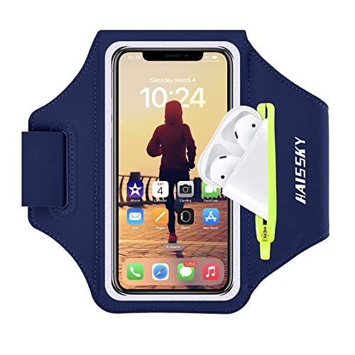 HAISSKY Armband-Hülle mit Airpods-Halter/Autoschlüsseltasche, für iPhone 11 Pro Max/11 Pro/Xs Max/XR 8 7 6, Galaxy S10+/S10/S10e/S9+ mit Schlüsselhalter und Kartenschlitz bis zu 16.5 cm (Marineblau) von HAISSKY