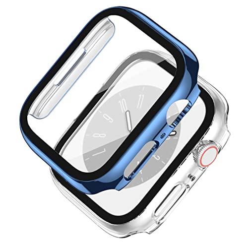 Hartschalen-Schutzhülle, kompatibel mit Apple Watch Cover Serie 7, 45 mm, 41 mm, mit Displayschutz aus gehärtetem Glas, kratzfest, marineblau+transparent), 2 Stück von HAJSLU