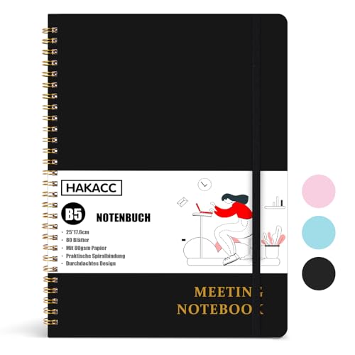 HAKACC Schwarz Meeting Notizbuch B5, Notizbuch für die Arbeit 17,5 x 25cm Hardcover Spiral Notizbuch Projektplaner für Damen Herren Büro von HAKACC