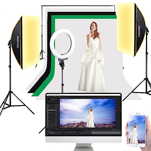 Fotostudio Set mit 2x2M Hintergrundsystem 12Zoll Ringlight Softbox Greenscreen Set für Porträt Produktfotografie von HAKUTATZ