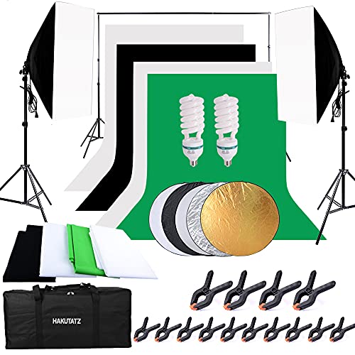 HAKUTATZ® Profi Fotostudio Greenscreen Set 4X Hintergrundstoff (schwarz, weiß, grün) 5-in-1 Reflektor mit Stativ Softbox Photo Lamp Set Studiosets for Product Portrait Video Photography von HAKUTATZ