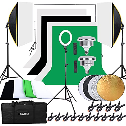 HAKUTATZ® Profi Fotostudio Set Softbox Ringlicht Greenscreen mit Ständer Studioleuchte Set Hintergrundsystem von HAKUTATZ