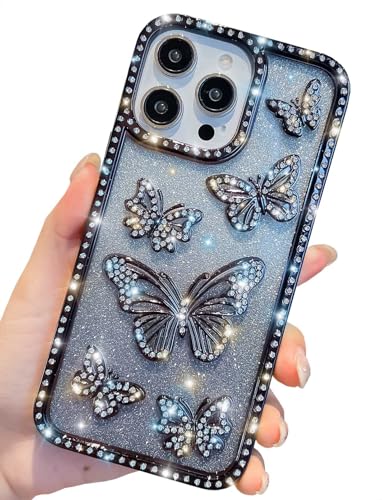 HALATUA Girly Diamond Schutzhülle für iPhone 13 Pro Max, Glitzer-Hülle, niedlich, schlank, Damen, glitzernd, mit Strasssteinen, Schwarz, 13 Pro Max von HALATUA