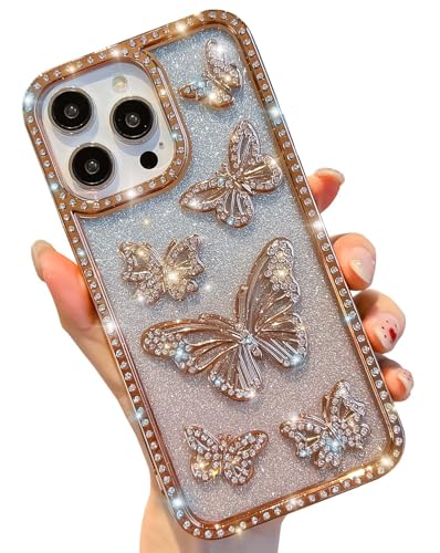 HALATUA Girly Diamond Schutzhülle für iPhone 15 Pro Max, Glitzer-Hülle, niedlich, schlank, Damen, glitzernd, mit Strasssteinen, goldfarben, 15 Pro Max von HALATUA