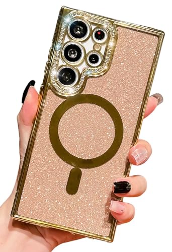 HALATUA Luxuriöse magnetische Schutzhülle für Samsung Galaxy S24 Ultra [kompatibel mit MagSafe], glitzernde Strasssteine, weiche TPU-Hülle (Gold, S24 Ultra) von HALATUA